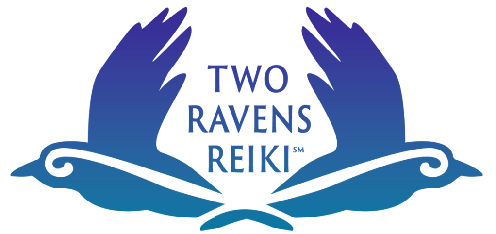 blue gradient logo with two opposing ravens in flight with words two ravens reiki and sm